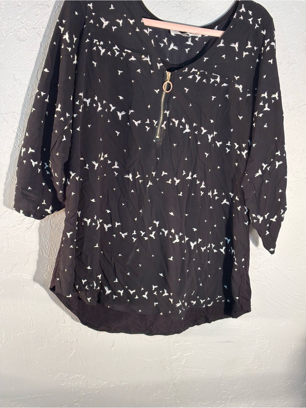 Tempted Hearts Black Blouse with White Bird Print and Gold Ring Zip